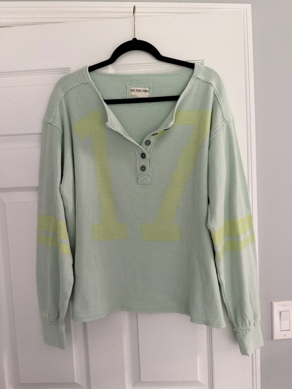 We The Free Mint Green Henley Waffle Knit Sweatshirt with Lemon Stripe
